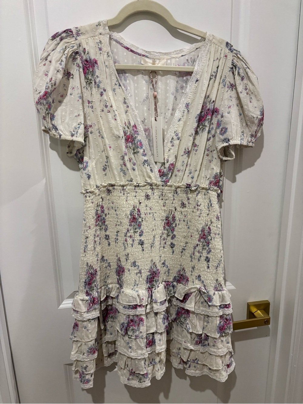 LoveShackFancy Radia Mini Dress Berry Medley floral smocked puff sleeve ruffle L